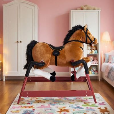 Kids Plush Rocking Horse Soft Cuddly Seat, Sturdy Rocker Base, Non-Tip Toddler Toy