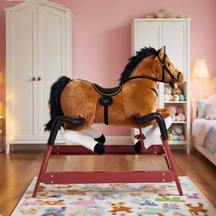 Kids Plush Rocking Horse Soft Cuddly Seat, Sturdy Rocker Base, Non-Tip Toddler Toy