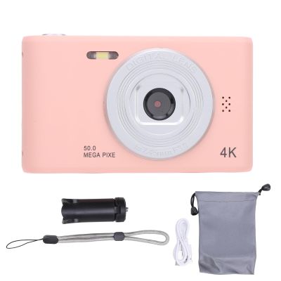 50MP Dual Lens Digital Camera, Compact Portable Camera with Self Adaptive Anti Shaking, 2.4 Inch Screen, HD Vlogging Camera for Kids and Students with Tripod and Storage (Pink)