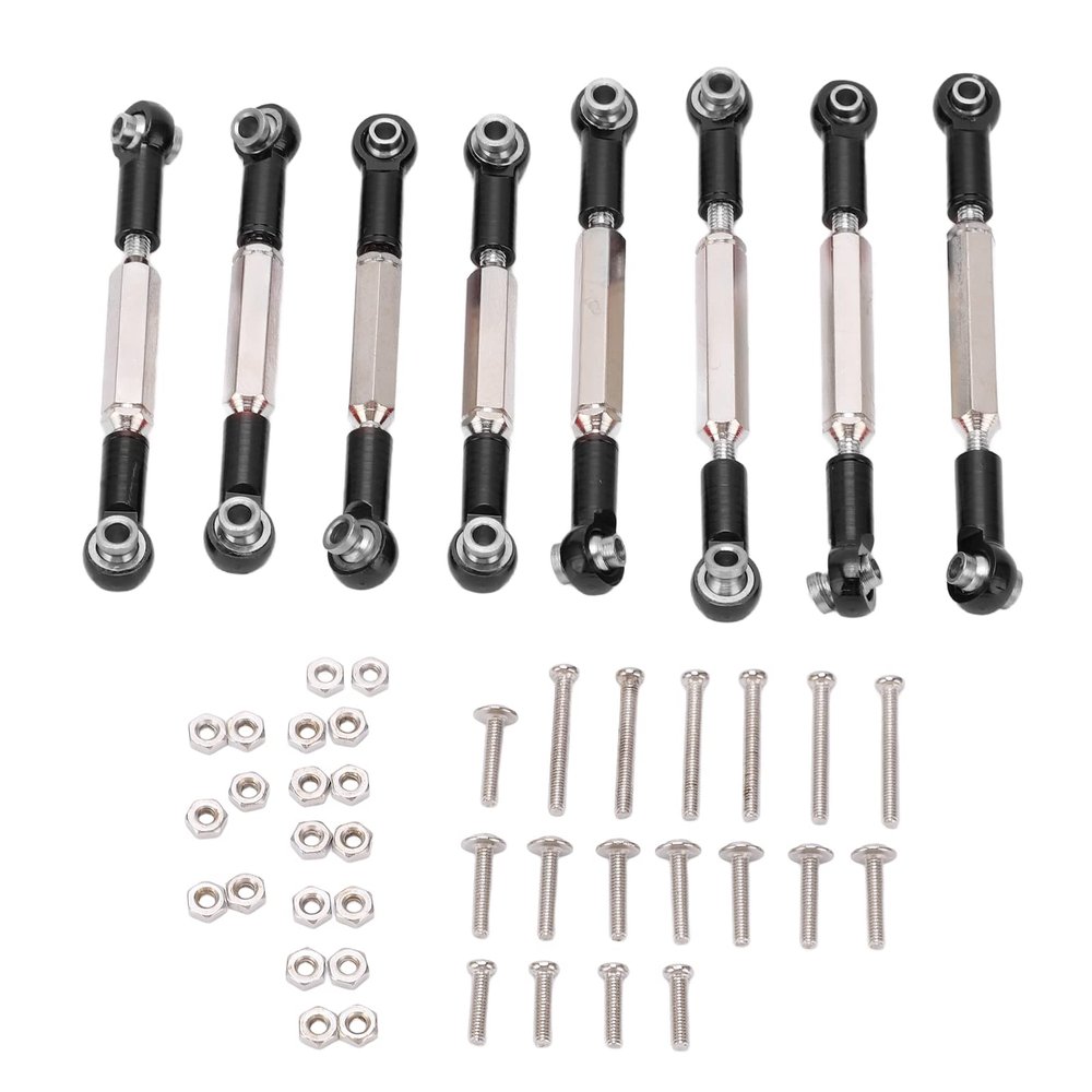 8Pcs Metal Adjustable Steering Linkage, Aluminum Alloy Servo Link Pull Rod for WPL C14 C24 B14 MN D90 D91 RC Cars with Precision Threads and Lightweight Design (Black)