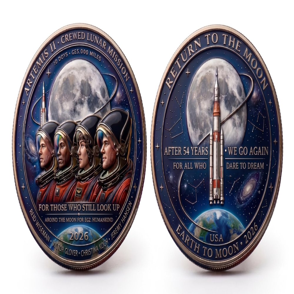 Artemis II 2026 Commemorative Coin, First Crewed Lunar Mission Coin, Space Exploration Collectible Souvenir for Astronomy Fans, Lunar Mission 3D Commemorative Coin (Fly to the Moon A)