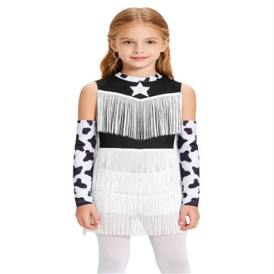 Shinsto Kids Girls Western Rodeo Cowgirl 2 Pcs Dance Outfit Halloween Fancy Sleeveless Jumpsuit with Gloves Dancewear Black 6 Years