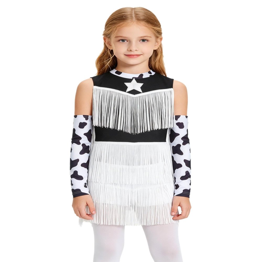 Shinsto Kids Girls Western Rodeo Cowgirl 2 Pcs Dance Outfit Halloween Fancy Sleeveless Jumpsuit with Gloves Dancewear Black 6 Years