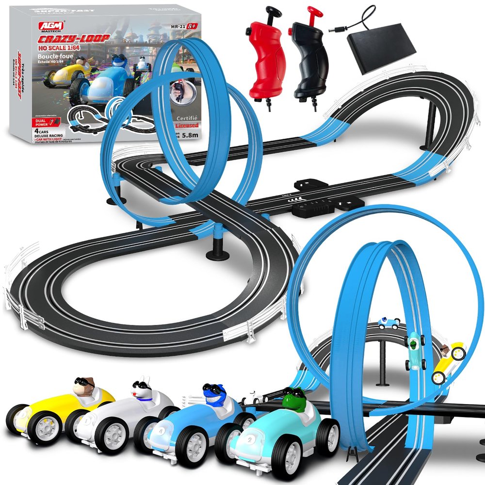 AGM MASTECH Crazy-Loop Slot Car Race Track Set with 4 LED Light-Up Cars, 19ft Electric Racing Track with 360 Loop, Cartoon Animal Drivers, Dual Power, Toys for Kids Boys Age 8-14