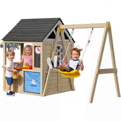 Btmway Wooden Playhouse with Swing Set for Kids, Ivory White Cedar Wood Outdoor Playset with Pet Door & Game Board, Space-Saving Garden Playground Activity Center for Toddlers Boys Girls Age 3-8