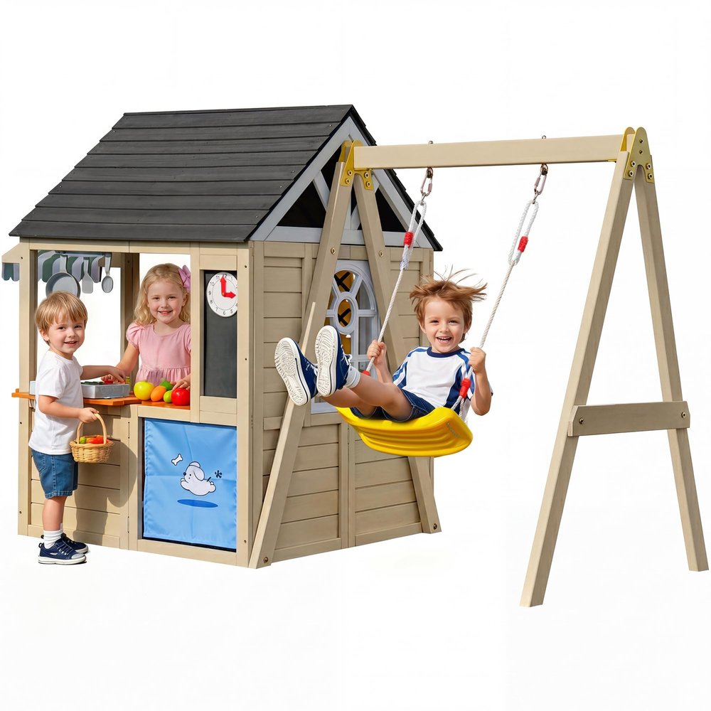Btmway Wooden Playhouse with Swing Set for Kids, Ivory White Cedar Wood Outdoor Playset with Pet Door & Game Board, Space-Saving Garden Playground Activity Center for Toddlers Boys Girls Age 3-8