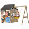 Btmway Wooden Playhouse with Swing Set for Kids, Ivory White Cedar Wood Outdoor Playset with Pet Door & Game Board, Space-Saving Garden Playground Activity Center for Toddlers Boys Girls Age 3-8 view 1