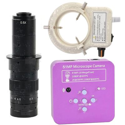 51MP 2K 1080P HDMI USB Industrial Electronic Digital Microscope Camera for Phone Repair Soldering & 180X C-Mount Lens Whit 56-LED Adjustable Ring Light