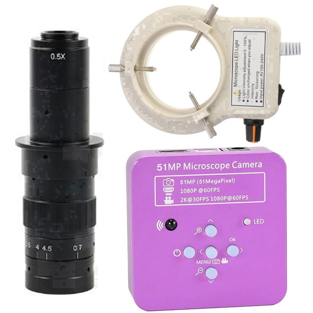 51MP 2K 1080P HDMI USB Industrial Electronic Digital Microscope Camera for Phone Repair Soldering & 180X C-Mount Lens Whit 56-LED Adjustable Ring Light