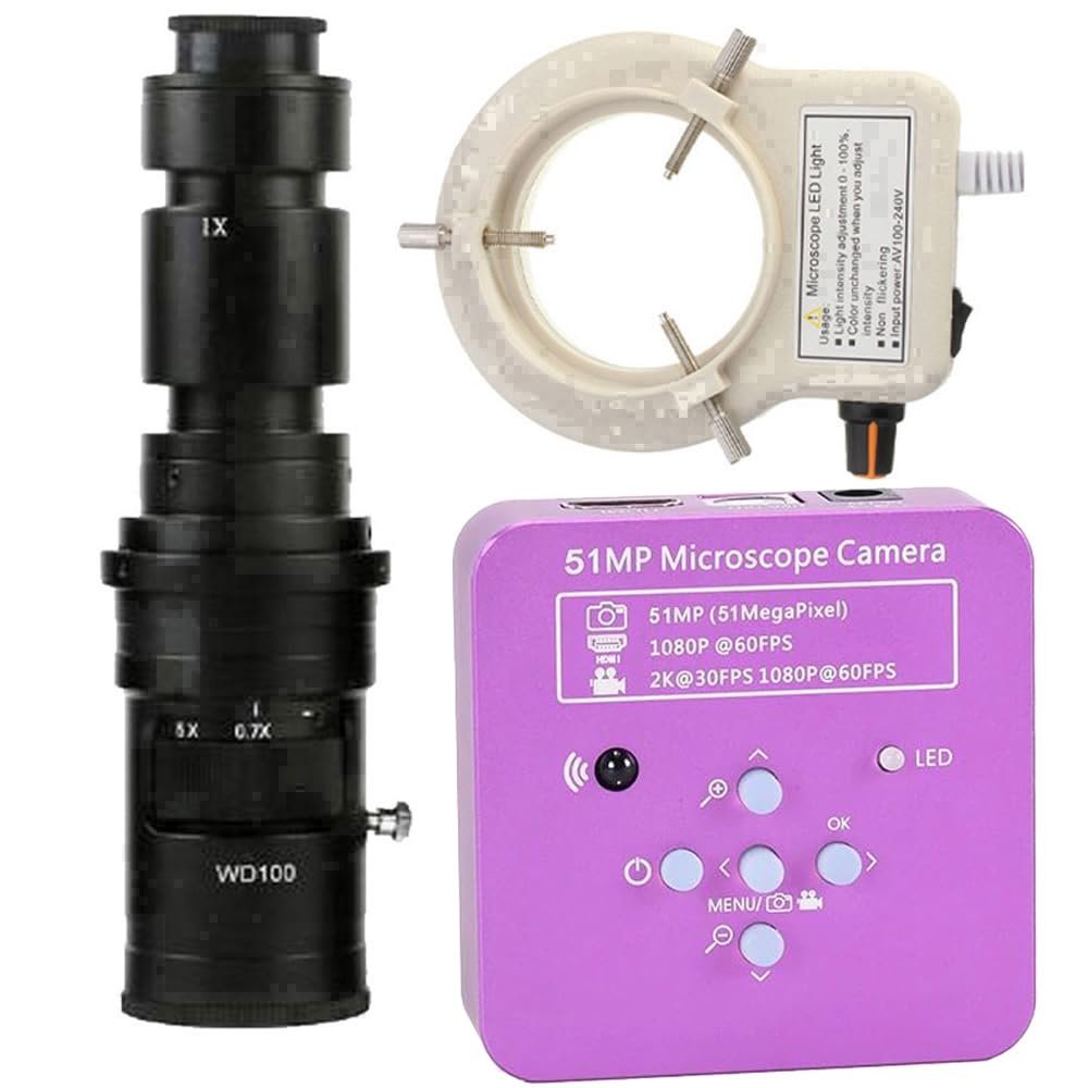 51MP 2K 1080P HDMI USB Industrial Electronic Digital Microscope Camera for Phone Repair Soldering & 500X C-Mount Lens Whit 56-LED Adjustable Ring Light