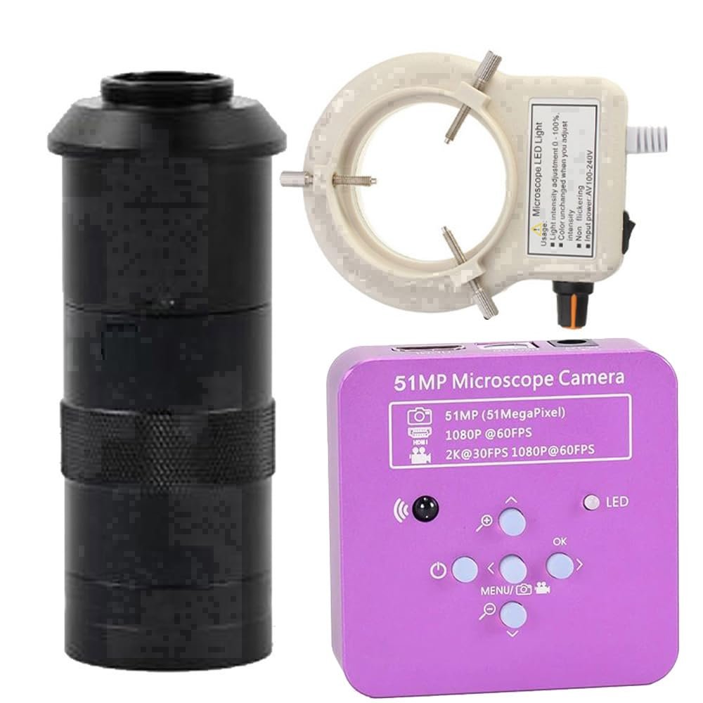 51MP 2K 1080P HDMI USB Industrial Electronic Digital Microscope Camera for Phone Repair Soldering & 100X C-Mount Lens Whit 56-LED Adjustable Ring Light
