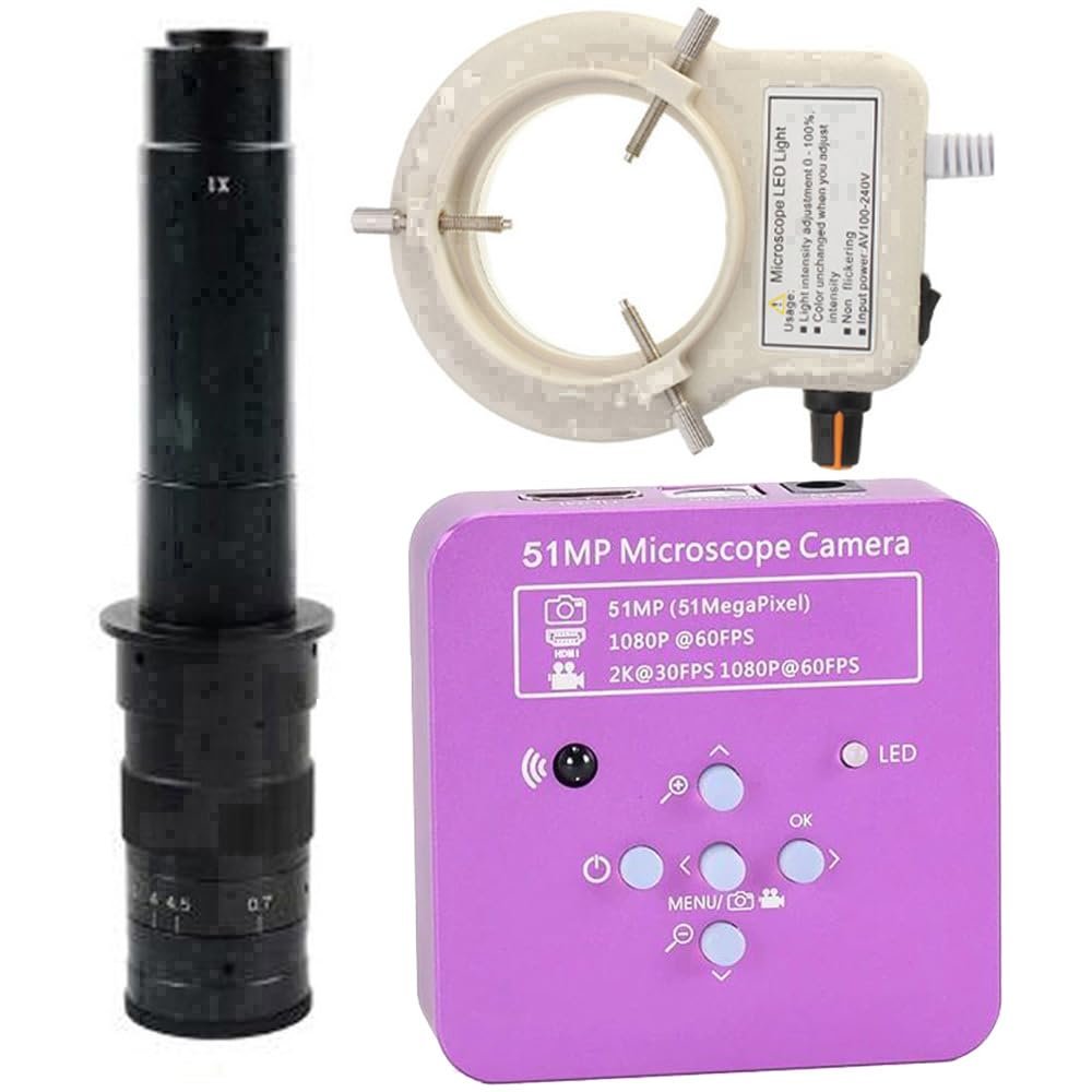 51MP 2K 1080P HDMI USB Industrial Electronic Digital Microscope Camera for Phone Repair Soldering & 300X C-Mount Lens Whit 56-LED Adjustable Ring Light