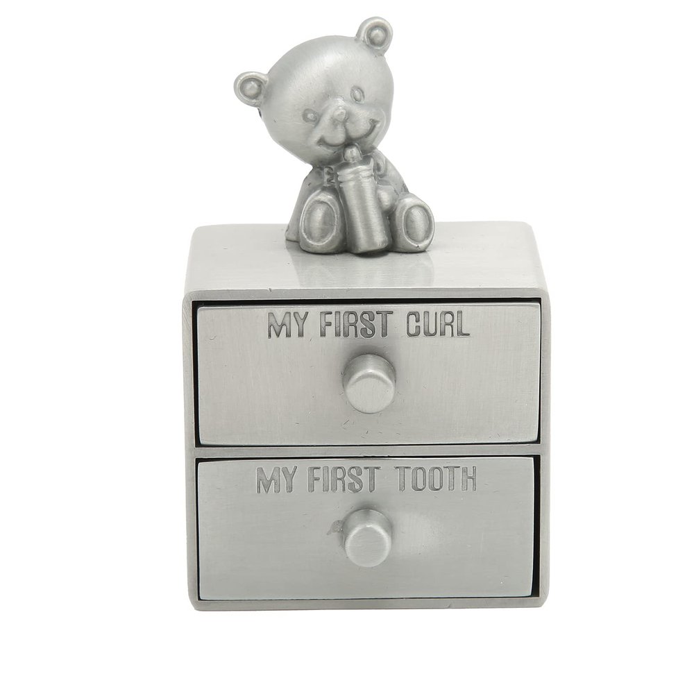 ZMellifluent Cute Bear Shape Tooth Box, Baby Tooth Storage Case with 2 Drawers, Zinc Alloy Teeth Saver Box Lined with Blue Flannel for Children's First Tooth Keepsake and Jewelry (Antique Tin Color)
