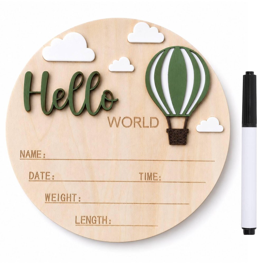 Baby Announcement Sign with Pen, Hello World Hot Air Balloon Newborn Sign