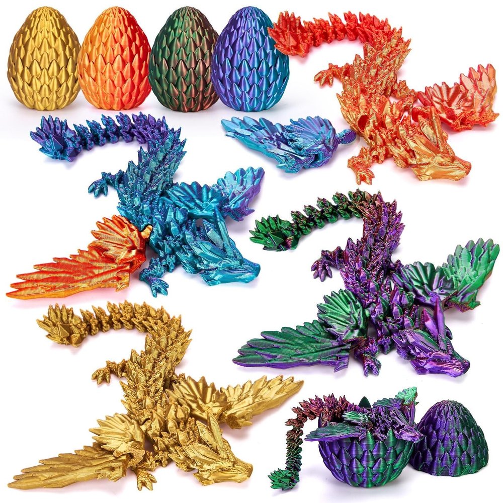 4 Pack 3D Printed Dragon Egg with Articulated Flying Dragon Inside Surprise Toy Movable Wings Fidget Model Collectible Gift(Colorful Set B - 4 Pack)