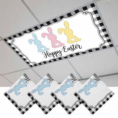 Happy Easter Colorful Rabbit Eggs Black Plaids 4PCS Fluorescent Light Covers - Lampshade Ceiling Lights with 10 Magnets Fixtures, Light Filters Cover Panel for Soften Glare Indoor Spaces Supplies