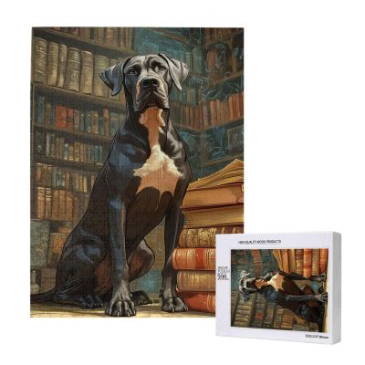 Honozo 500-Piece Wood Puzzle, Charming Noble Dog Sitting Beside Piles of Retro Books, for Adults, Party Game Nights, Family Fun and Decorative Display