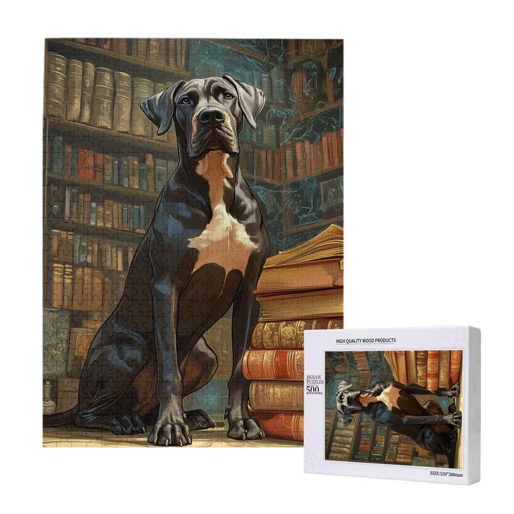 Honozo 500-Piece Wood Puzzle, Charming Noble Dog Sitting Beside Piles of Retro Books, for Adults, Party Game Nights, Family Fun and Decorative Display