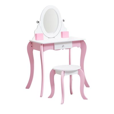 QANYEGN Kids Wooden Vanity Set Princess Dressing Table, Rotating Mirror and Stool, Anti Slip Foot Pads Curved Legs for Girls Bedroom Playroom
