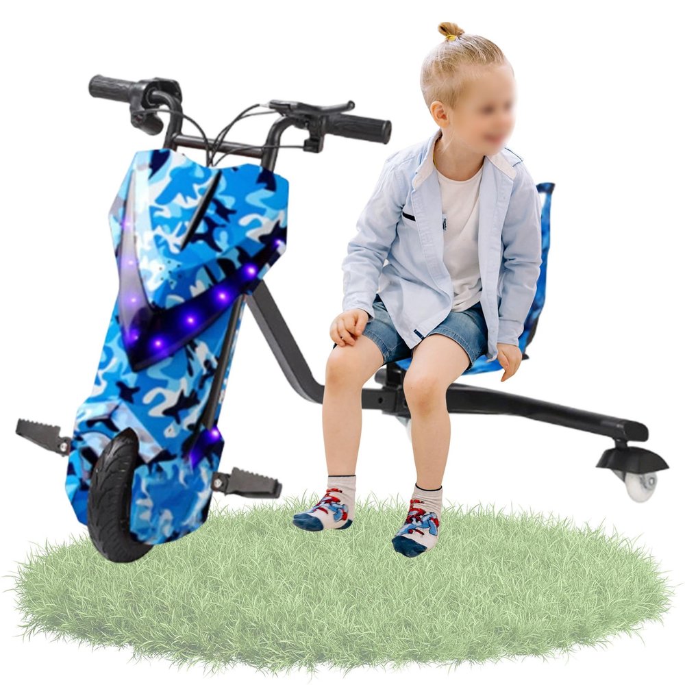 GwlThixion Electric Drift Trike for Kids, 360 Rotatable Drift Trike, with 5 Adjustable Lengths Light Up Rear Wheels, Slip Pedals Stable Trike, for Outdoor Garden Playground 8in-I