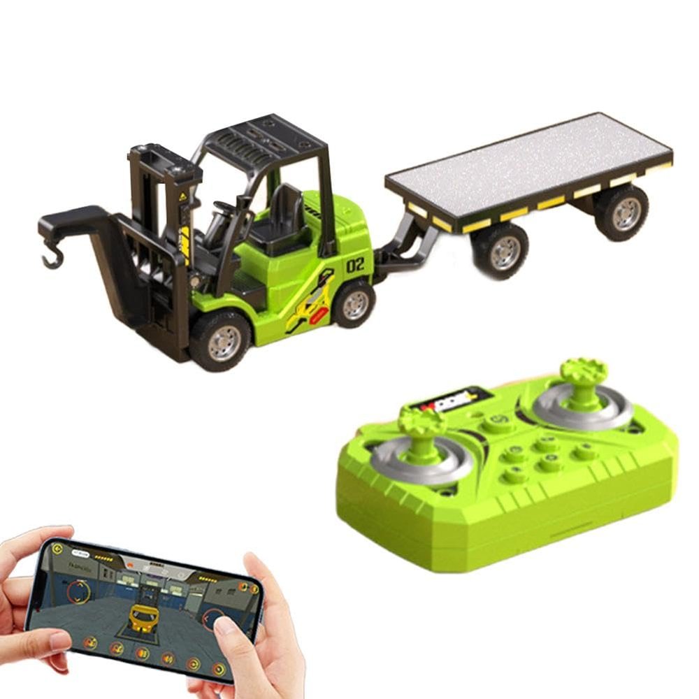 1/64 Full Proportional RC Forklift Toy, 2026 New Mini Remote Control Forklift Truck with Flatbed Tow, 2 in 1 Lift Fork & Hook with Lights & Sounds, Mini RC TruckToy Gift (Green with pallet 1set)
