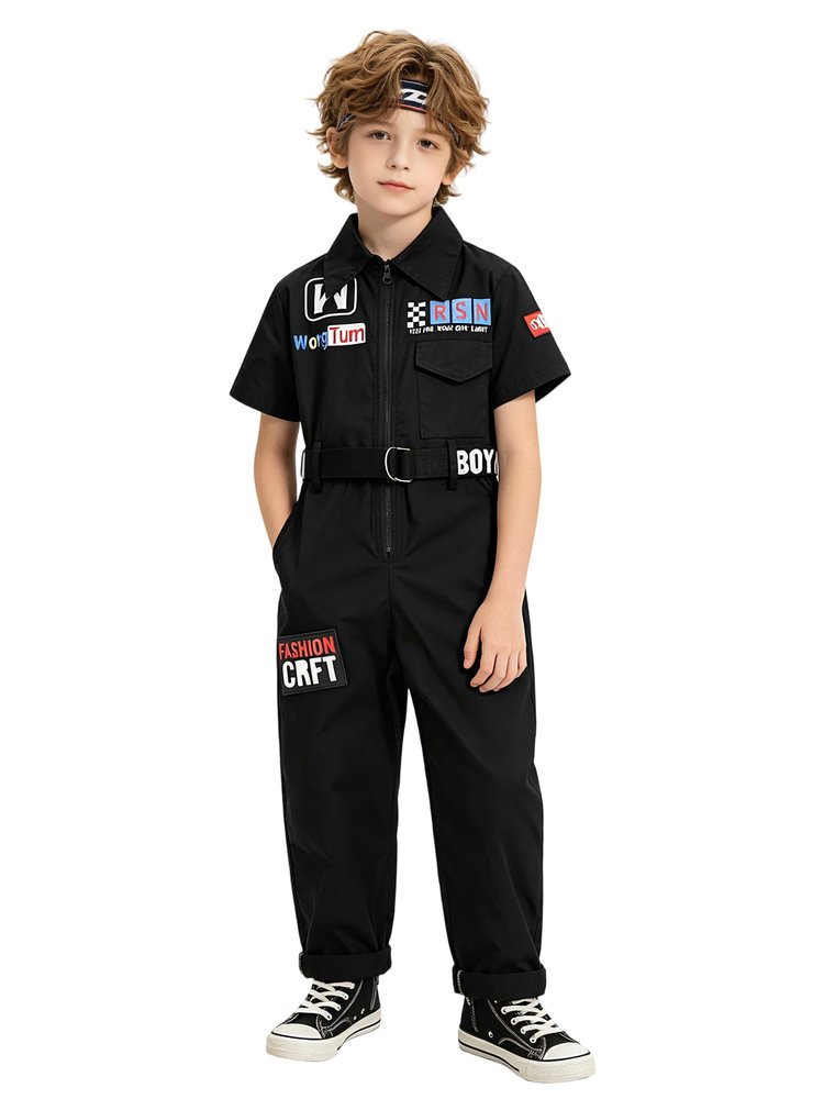 LOLANTA Boys Girls Jumpsuit Short Sleeve Zip-Front Coveralls Kpop Streetwear Hip Hop Dance Outfit (Black, 8-10)