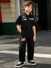 LOLANTA Boys Girls Jumpsuit Short Sleeve Zip-Front Coveralls Kpop Streetwear Hip Hop Dance Outfit (Black, 8-10) view 2