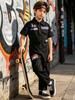 LOLANTA Boys Girls Jumpsuit Short Sleeve Zip-Front Coveralls Kpop Streetwear Hip Hop Dance Outfit (Black, 8-10) view 3