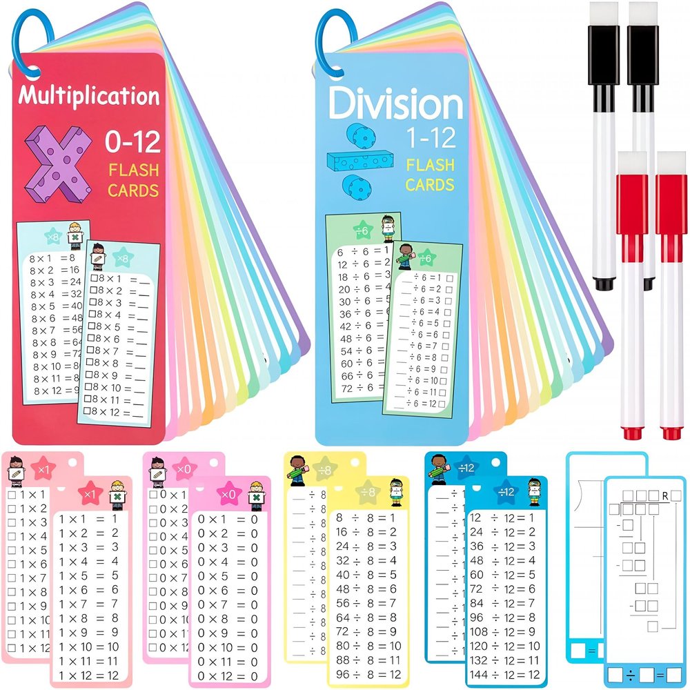 CCOCC 2026New 29Pcs Multiplication and Division Flash Cards, Math Flash Card with 4 Dry Erase Pens 2 Rings, Time Table Flash Cards for 1st to 3rd Grades Fun Learning with Math Game