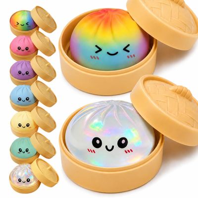 2PCS Dumpling Squishies Toys with Food Steamer,Sparkly Glitter Squeeze Dough Fidget Sensory Stress Balls,Hand Desk Toys for Stress Relief Squishies Dumpling Gifts