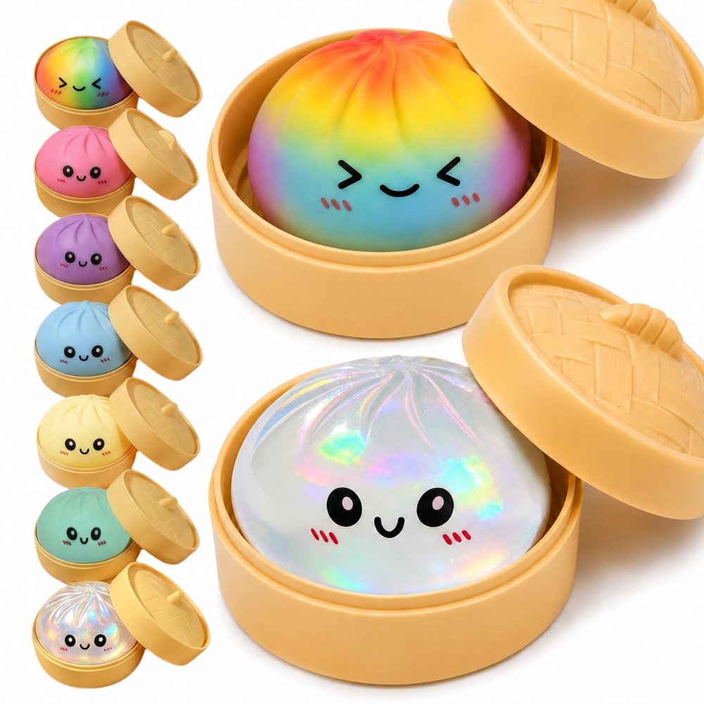 2PCS Dumpling Squishies Toys with Food Steamer,Sparkly Glitter Squeeze Dough Fidget Sensory Stress Balls,Hand Desk Toys for Stress Relief Squishies Dumpling Gifts