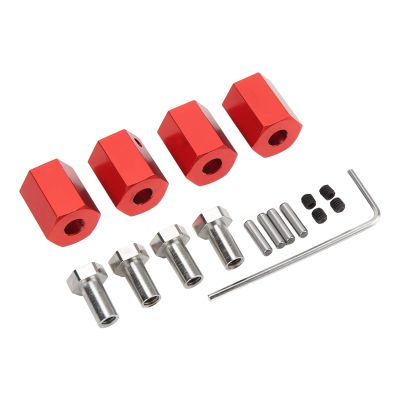 4 - Pack 12mm Wheel Hex Hub Nut, Aluminum Alloy RC Car Wheel Hex Hub with Fixing Pins, 16mm Height Universal Replacement for 1/10 1/12 Scale Remote Control Vehicles (Red)