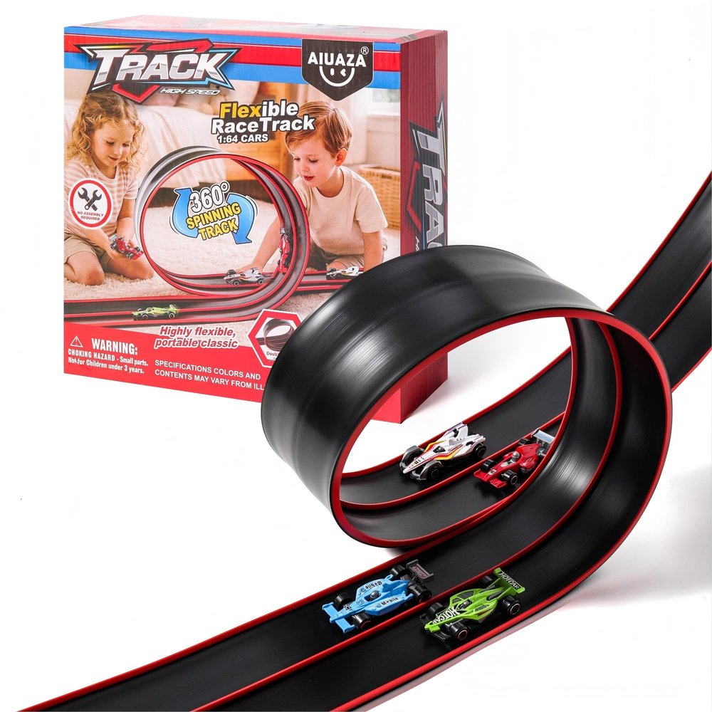 AIUAZA 15 Ft Flexible Race Track Toys for Kids 3+, Flex Tracks Starter Set with Strong Suction Cups - Compatible with Diecast 1/64th Cars Rolls up Portable Race Car Ramp Track (4 Cars per Set)