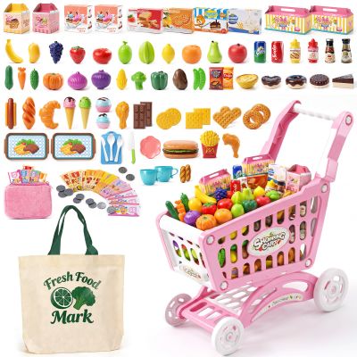 Kids Shopping Cart Toy with Play Food, Kitchen Accessories, Shopping Bag, Purse and Play Money, 117pcs Pretend Shopping Cart for Toddler Role Play Grocery Store Game Gift for Kids (Pink)