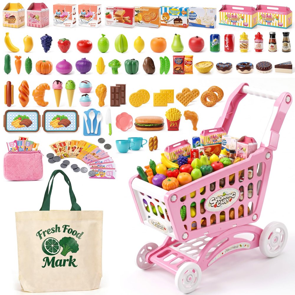 Kids Shopping Cart Toy with Play Food, Kitchen Accessories, Shopping Bag, Purse and Play Money, 117pcs Pretend Shopping Cart for Toddler Role Play Grocery Store Game Gift for Kids (Pink)