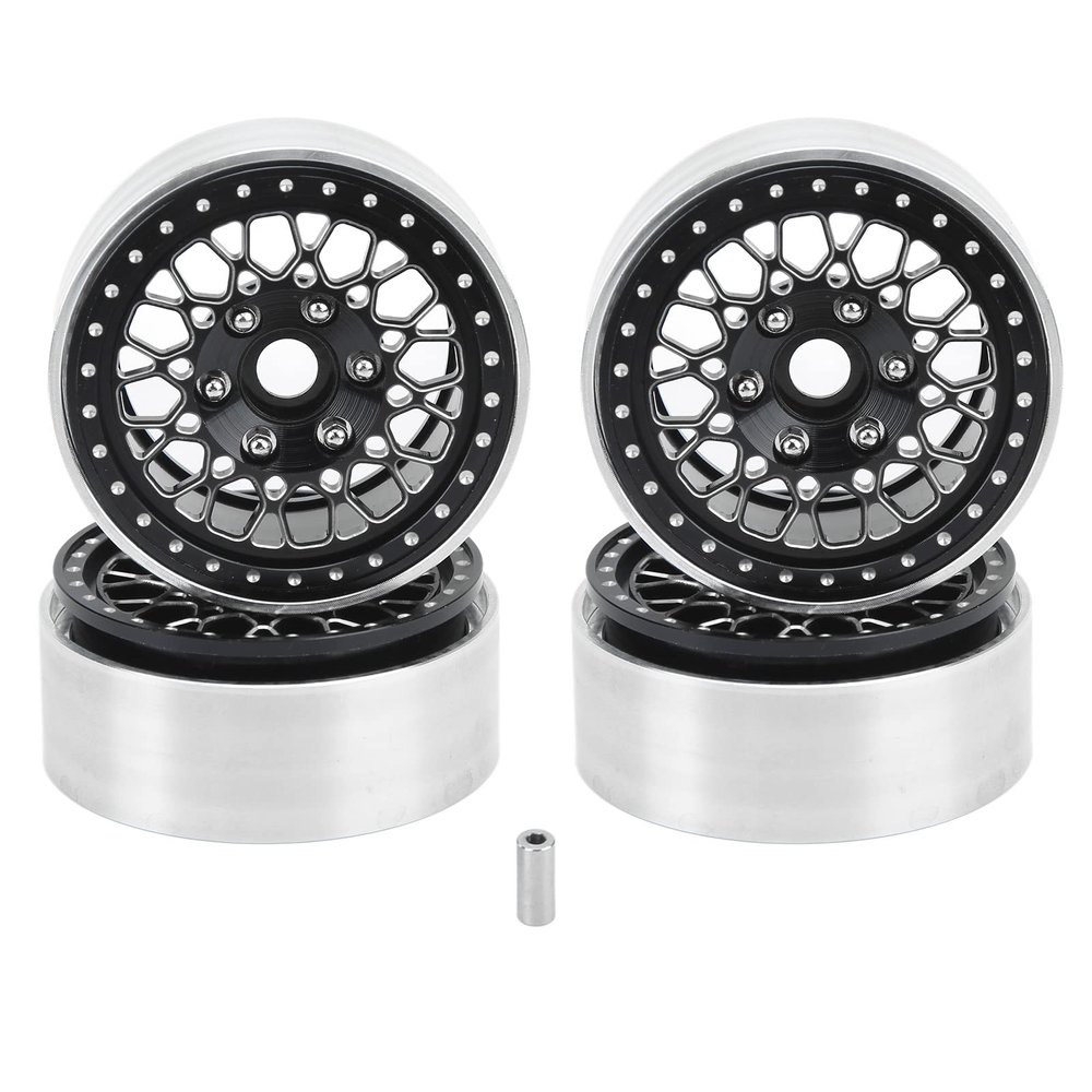 4Pcs 1.9in Crawler Wheel Hub, RC Aluminium Alloy Crawler Car Rims for Axial SCX10 90046 1/10, CNC Machined Bead Lock Design with Socket Spanner for D90 (Black and Silver)