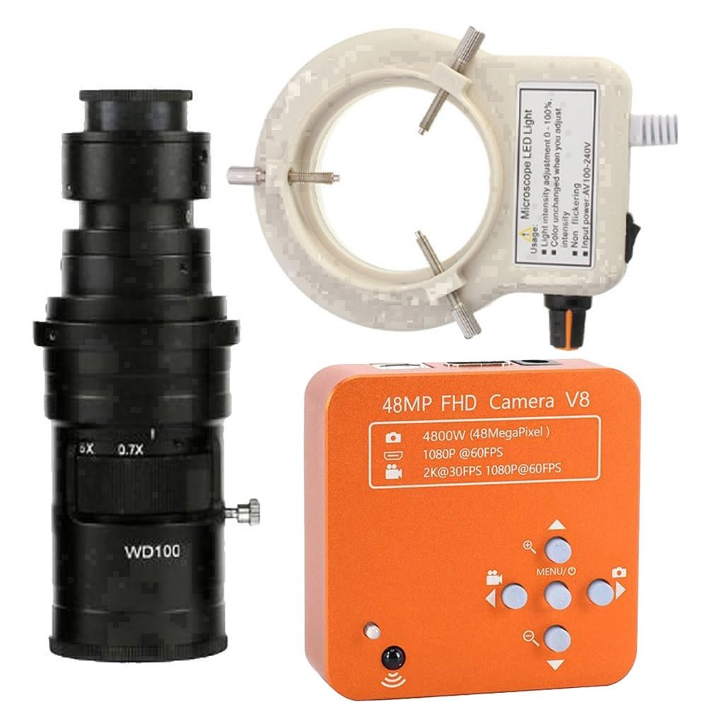 48MP 1080P 60FPS HDMI USB Industrial Electronic Digital Microscope Camera for Phone Repair & 200X C-Mount Lens Whit 56-LED Adjustable Ring Light