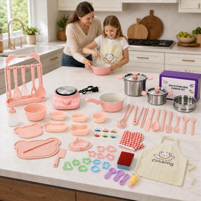 Kids Cooking Sets Real, 60-Piece CPSC-Compliant Real Cooking Set for Kids Ages 6+, Pink Mini Kitchen with Plug-in Electric Stovetop, Pots, Pans, Utensils, Baking Tools, Apron and Oven Mitts