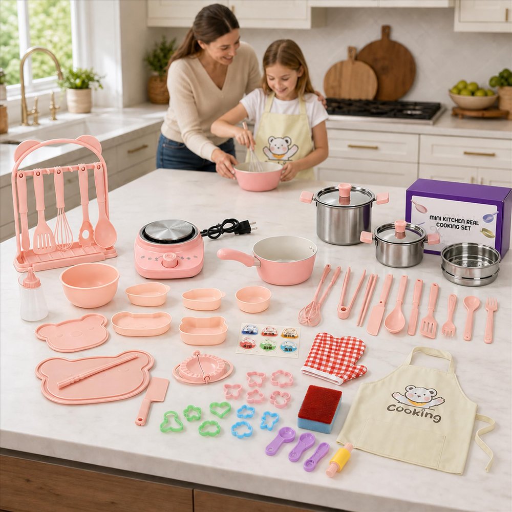 Kids Cooking Sets Real, 60-Piece CPSC-Compliant Real Cooking Set for Kids Ages 6+, Pink Mini Kitchen with Plug-in Electric Stovetop, Pots, Pans, Utensils, Baking Tools, Apron and Oven Mitts