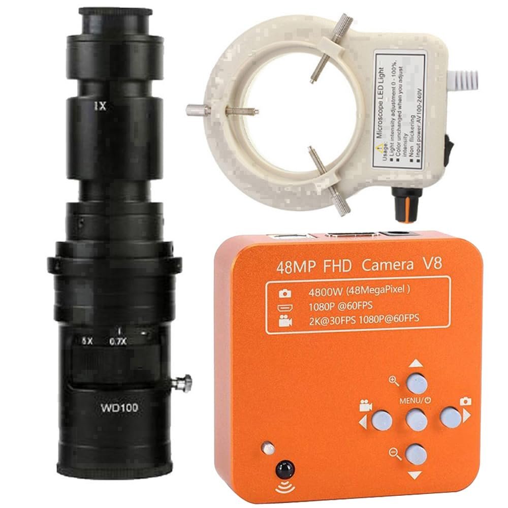 48MP 1080P 60FPS HDMI USB Industrial Electronic Digital Microscope Camera for Phone Repair & 500X C-Mount Lens Whit 56-LED Adjustable Ring Light