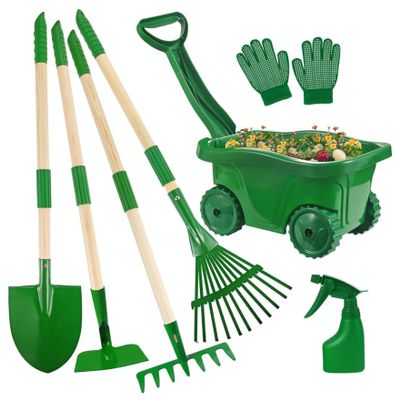 Bemonew Kids Gardening Set 7-piece Toddler Gardening Set with Wheelbarrow, Shovel, Rake and Leaf Rake, Educational Kids Garden Tools for Outdoor Backyard Play