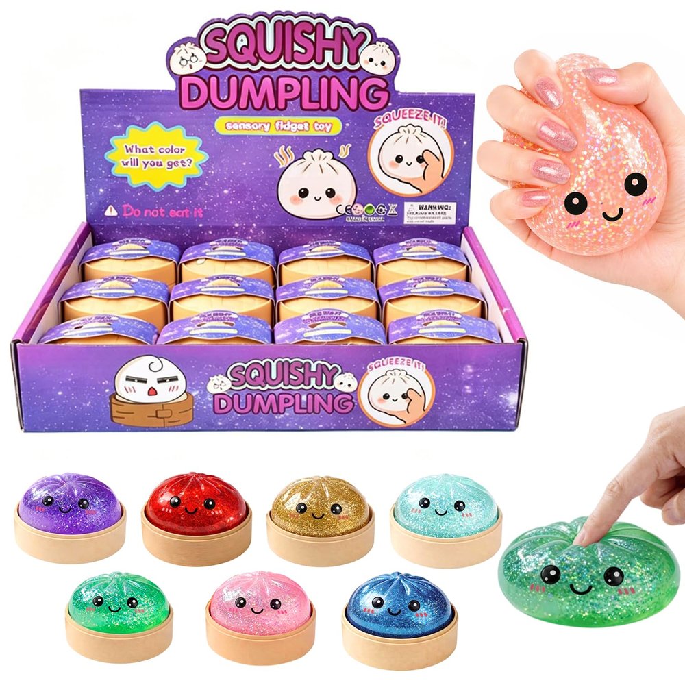 12PCS Glitter Dumpling Squishy, Mini Real Bun Dumplings Stress Relief Set Pack Box, Crazy Fun Balls Toys Fidget Cute Sensory for Anxiety Relief Toy Hand Relax, Birthday Gifts (Smiling)