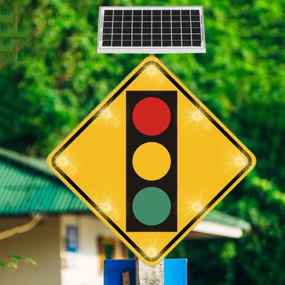 24" LED Traffic Light Ahead Signs, Solar Power Crossing Signals Waterproof Metal Warning Signal, Reflective Aluminum Road Sign for Intersection Safety Warning
