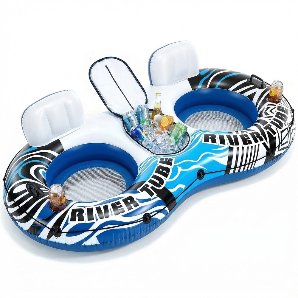 NEWBULIG Inflatable River Tube Float, 2 Person Heavy Duty River Float for Adults with Removable Cooler, Cup Holders, Durable Handles & Grab Rope, Tubing for Lake Pool Floating, Blue & White