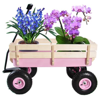 Heavy Duty Wagon, Portable Utility Cart with 10" All-Terrain Inflatable Tires and Adjustable Handle, Metal Frame and Wood Coated Railing, 176lbs Foldable Wagon Cart for Garden Outdoor (Pink)