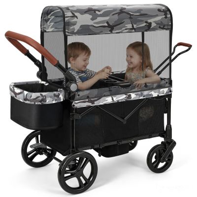 ELEMARA All-Terrain Stroller Wagon for 2 Kids, Foldable Kids Wagon Stroller Includes Removable Canopy,Mosquito net, Adjustable PushPull Handle,Snack Tray & Cup Holders, Storage Basket, Black+White