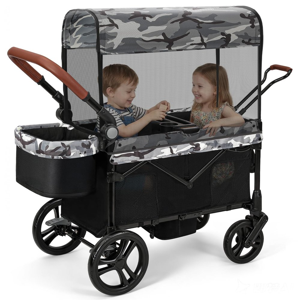 ELEMARA All-Terrain Stroller Wagon for 2 Kids, Foldable Kids Wagon Stroller Includes Removable Canopy,Mosquito net, Adjustable PushPull Handle,Snack Tray & Cup Holders, Storage Basket, Black+White