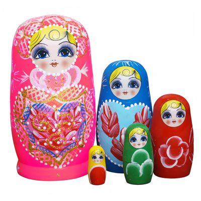 Xdyyjrasa Heart Pattern Set of 5 Russian Matryoshka Dolls, 4.33" Wooden Nesting Russian Dolls for Kids Souvenirs, Pinks Heart