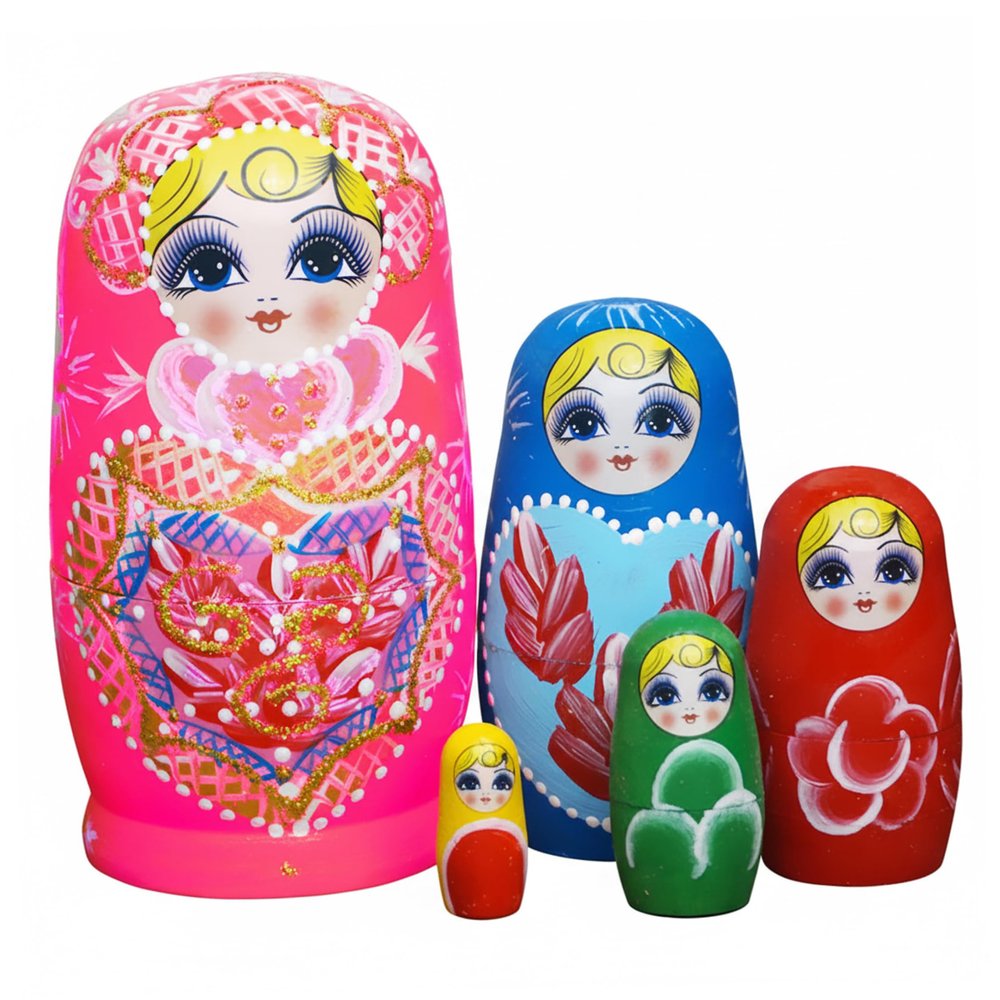 Xdyyjrasa Heart Pattern Set of 5 Russian Matryoshka Dolls, 4.33" Wooden Nesting Russian Dolls for Kids Souvenirs, Pinks Heart