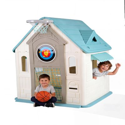 MERXENG Kids Playhouse Cottage, 4-in-1 Toddlers Outdoor Playhouse for Imaginative Play, with Magnetic Dartboard, Basketball Hoop, Ring Toss, Soccer Goal, Green&White